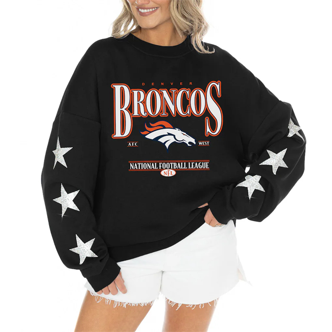 Women's Denver Broncos Gameday Couture Black Rhinestone Star Sleeve Settle the Score Oversized Tri-Blend Pullover(Run Small)